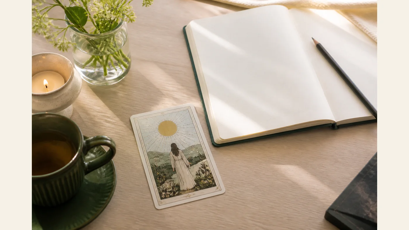 A private tarot journal, sealed note, and candlelight on a green reading table